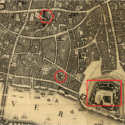 Map of London from 1746 showing the locations of East India House Trinity House and the Royal Mint