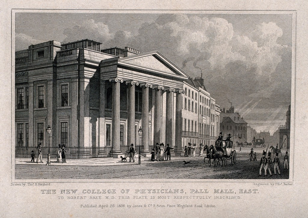 Print of an engraving of the New College of Physicians in London