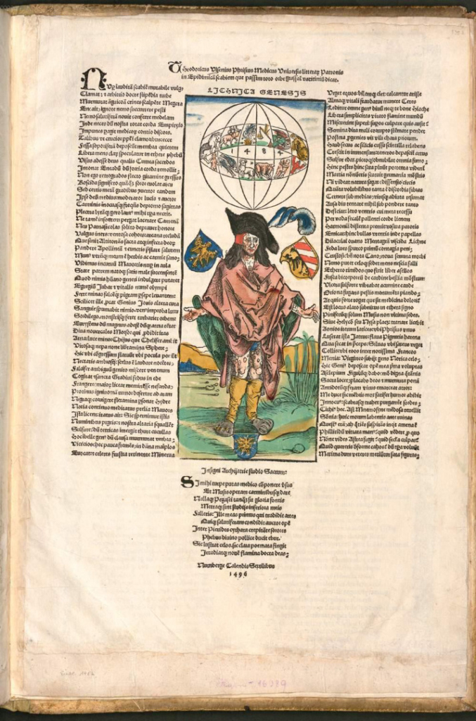 Hand coloured woodcut and moveable type book illustration of the syphilitic man fifteenth century