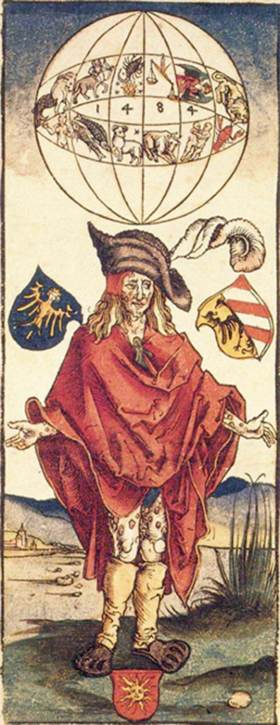 Hand coloured woodcut and moveable type book illustration of the syphilitic man fifteenth century