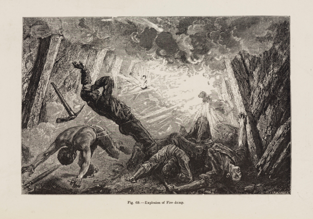 Engraved illustration of an explosion of fire damp in a mineshaft