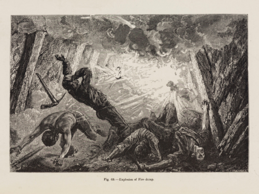 Engraved illustration of an explosion of fire damp in a mineshaft