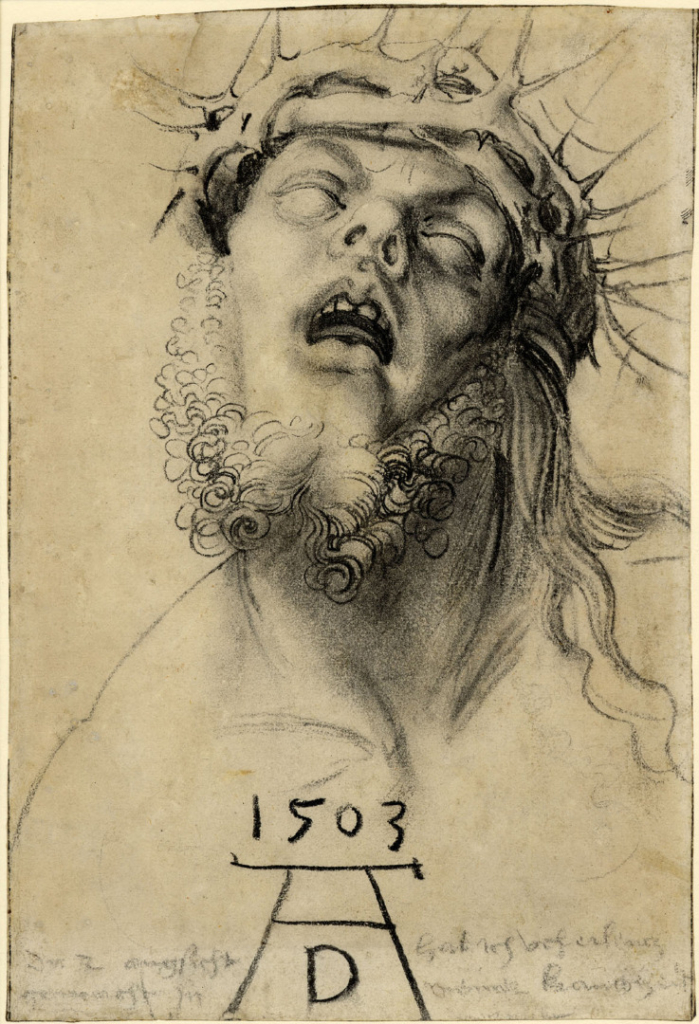 Charcoal drawing of the head of the dead Christ