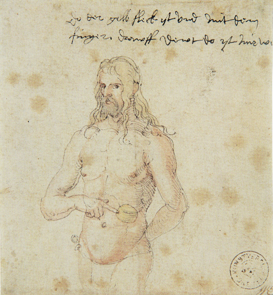 Ink and watercolour self portrait of a sick Albrecht Durer
