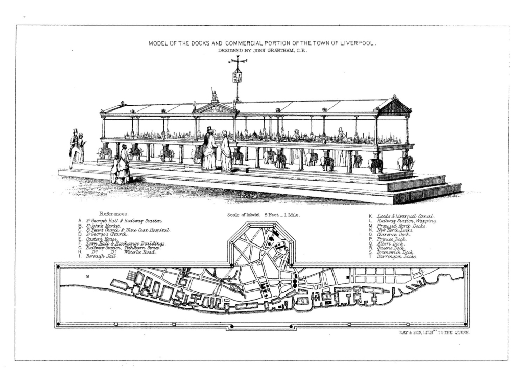 A print depicting one of the centrepieces of the Exhibition, the grand model of the Liverpool Docks