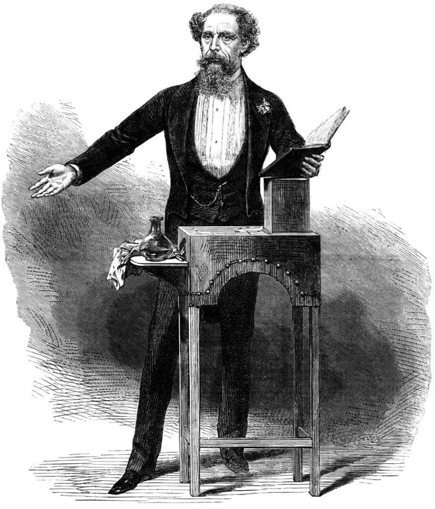 Engraving portrait of Charles Dickens giving a reading