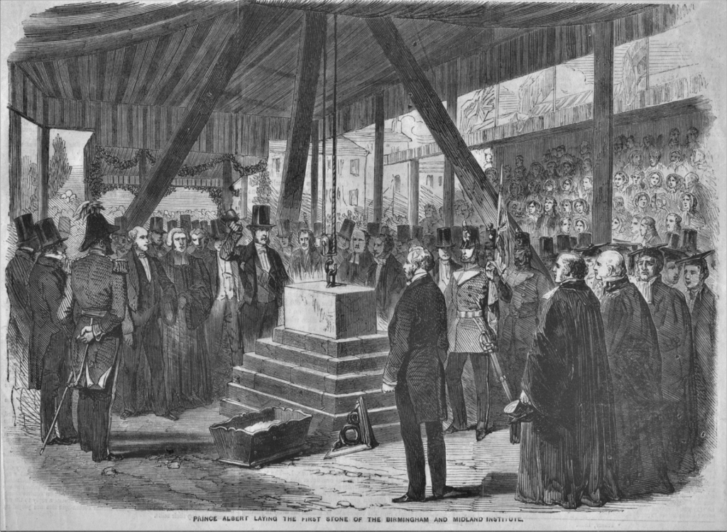 Newspaper illustration of Prince Albert laying a foundation stone