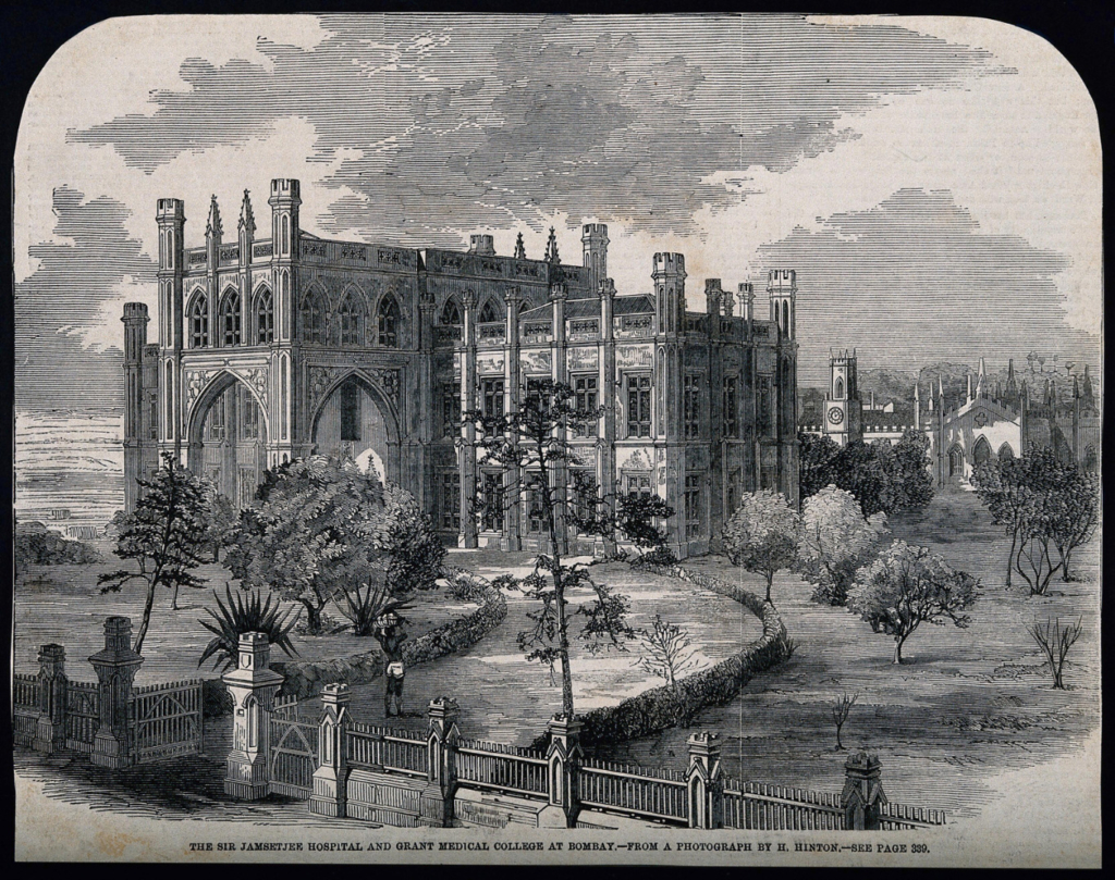 Print of an engraving of the Grant Medical College in Bombay