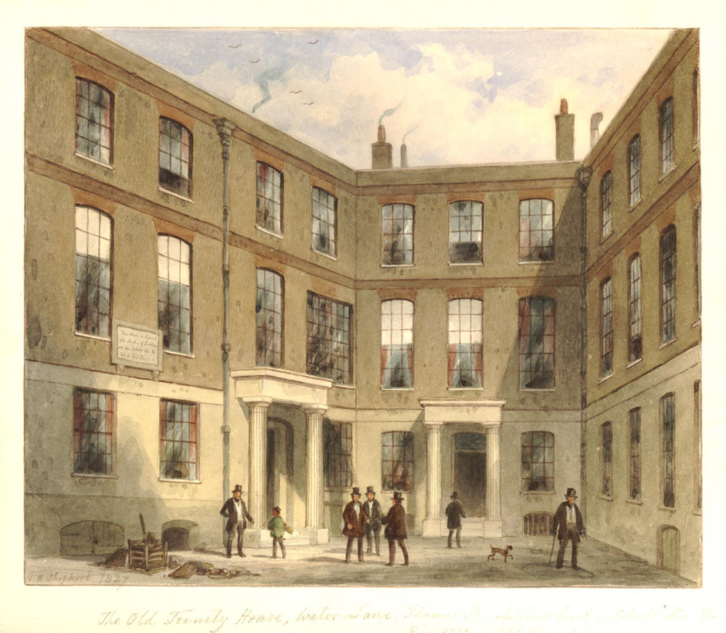 Watercolour illustration of the inner court of the old Trinity House in Water Lane in 1857