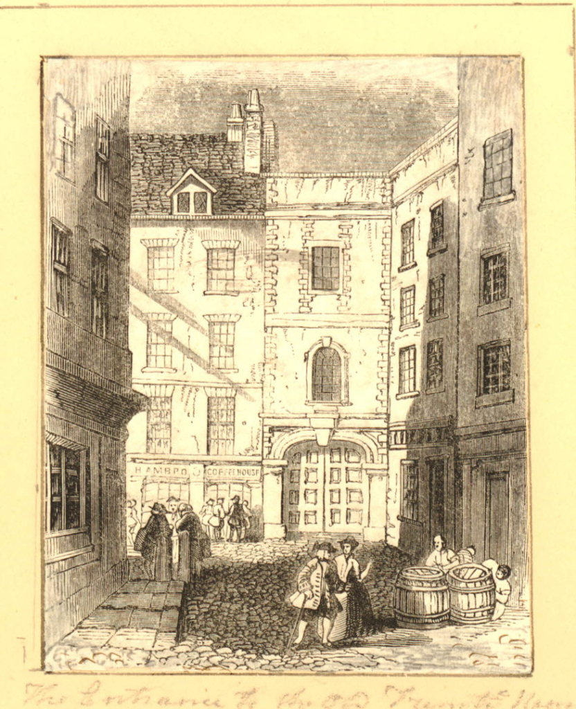 Wood engraving of Water Lane showing the gates at the entrance to Trinity House British Museum in 1880