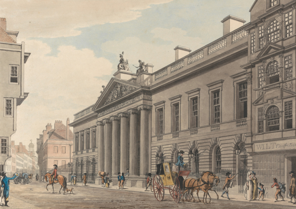 Coloured engraving of the grand new frontage of the East India Company headquarters in Leadenhall Street in 1800