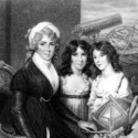 Stipple engraved portrait of a woman and two children with scientific instruments