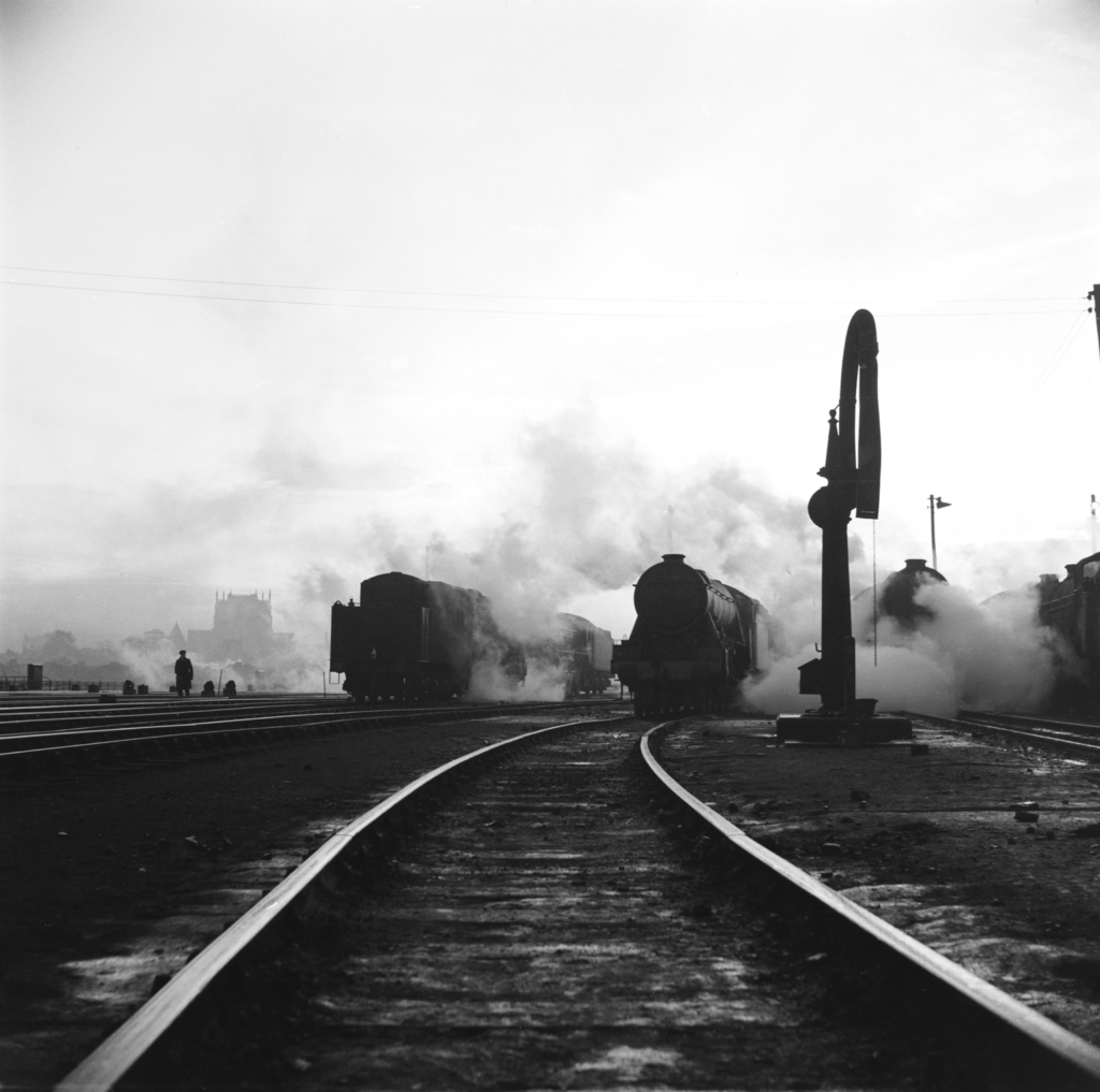 Black and white photograph showing locomotives outside York North Engine shed in 1951