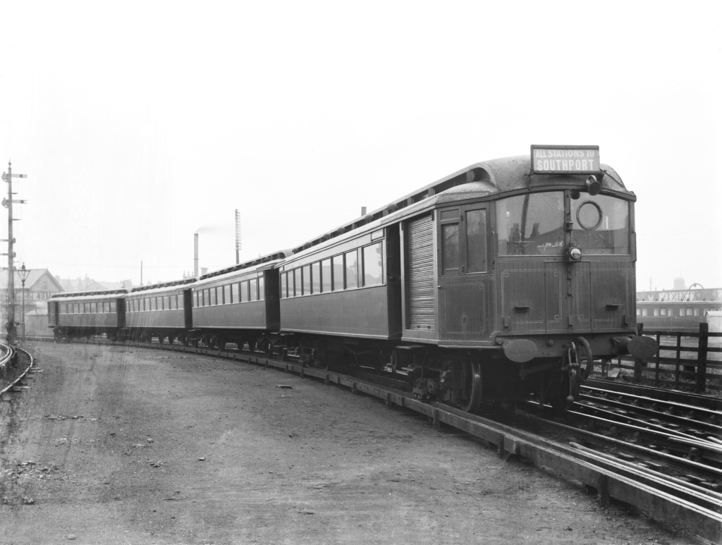 Black and white photograph showing an electric train on the newly electrified Liverpool to Southport line in 1904