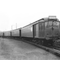 Black and white photograph showing an electric train on the newly electrified Liverpool to Southport line in 1904