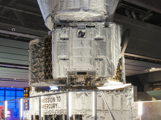 Colour photograph of the BepiColombo satellite Structural Thermal Model on display at the Science Museum