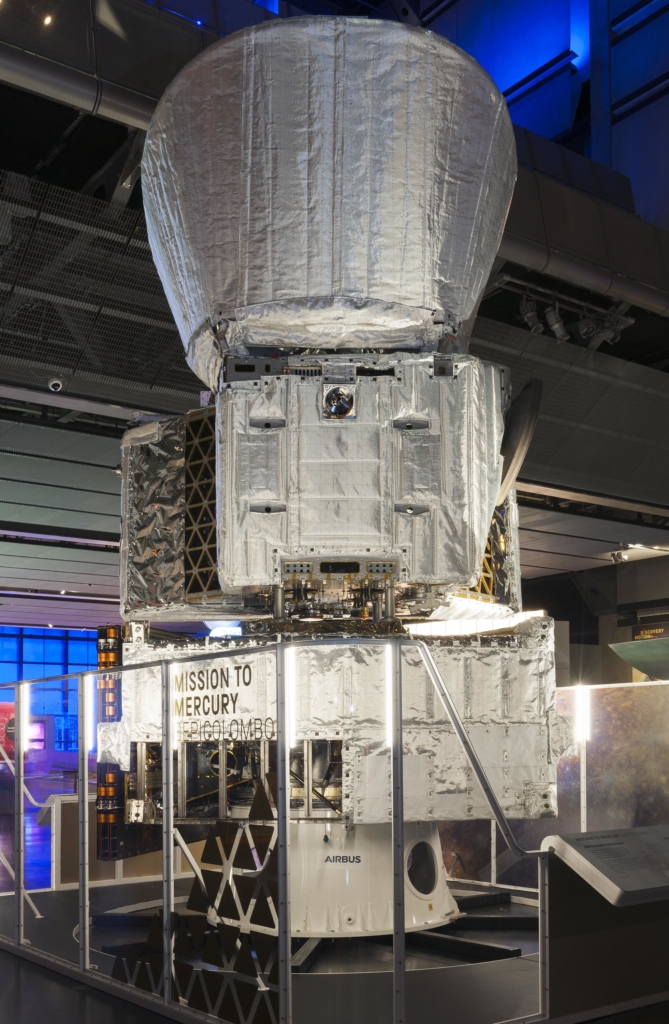 Colour photograph of the BepiColombo satellite Structural Thermal Model on display at the Science Museum