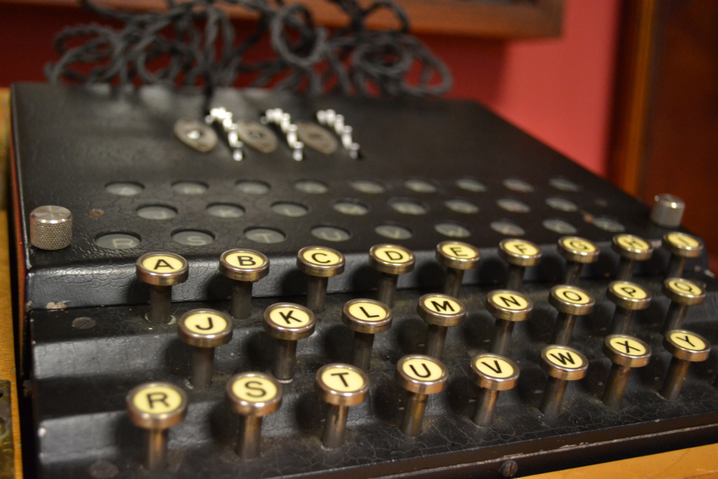 Colour photograph of a Polish Enigma cipher machine