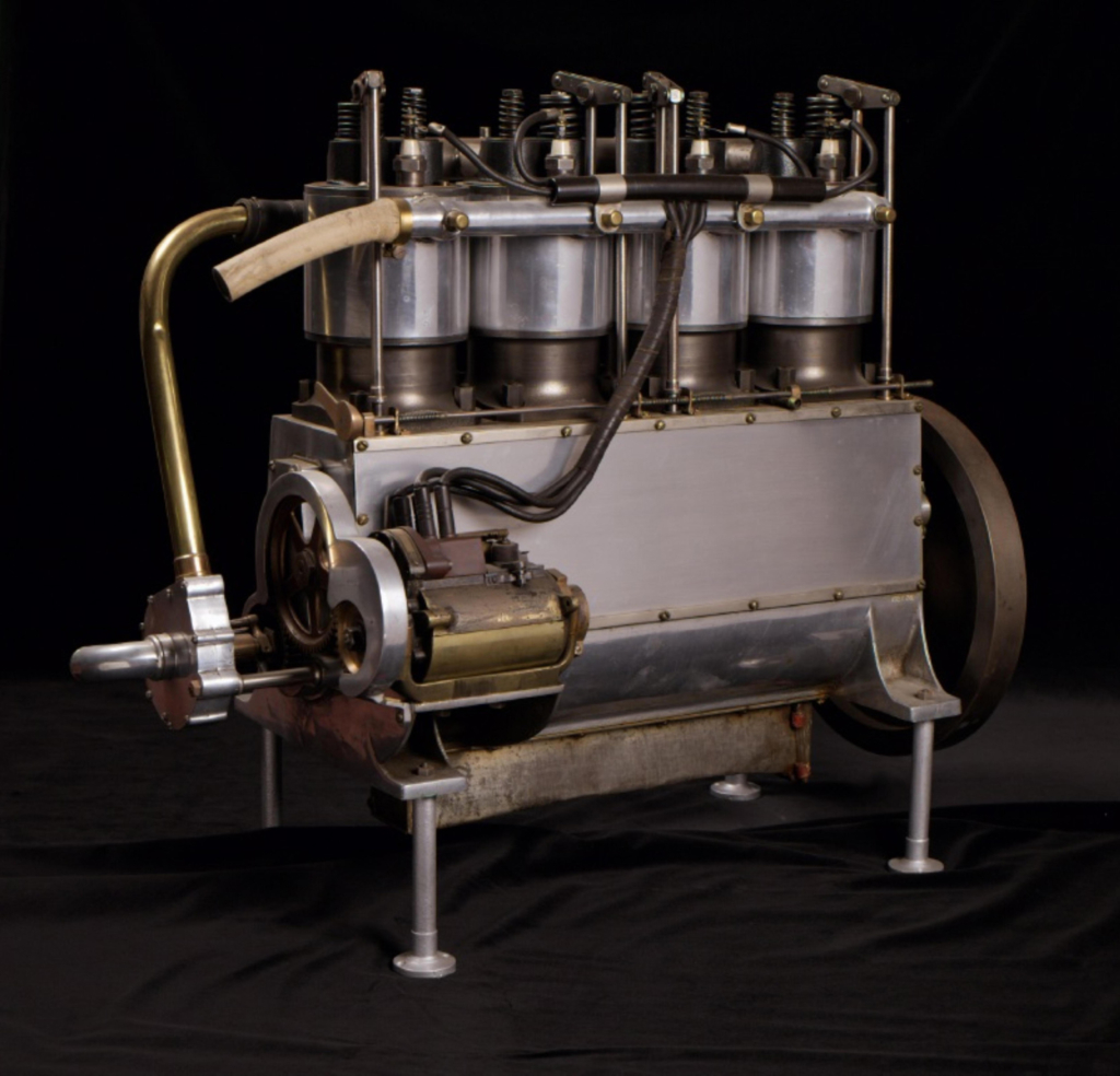 Colour photograph of a four cylinder Wright aeroplane engine