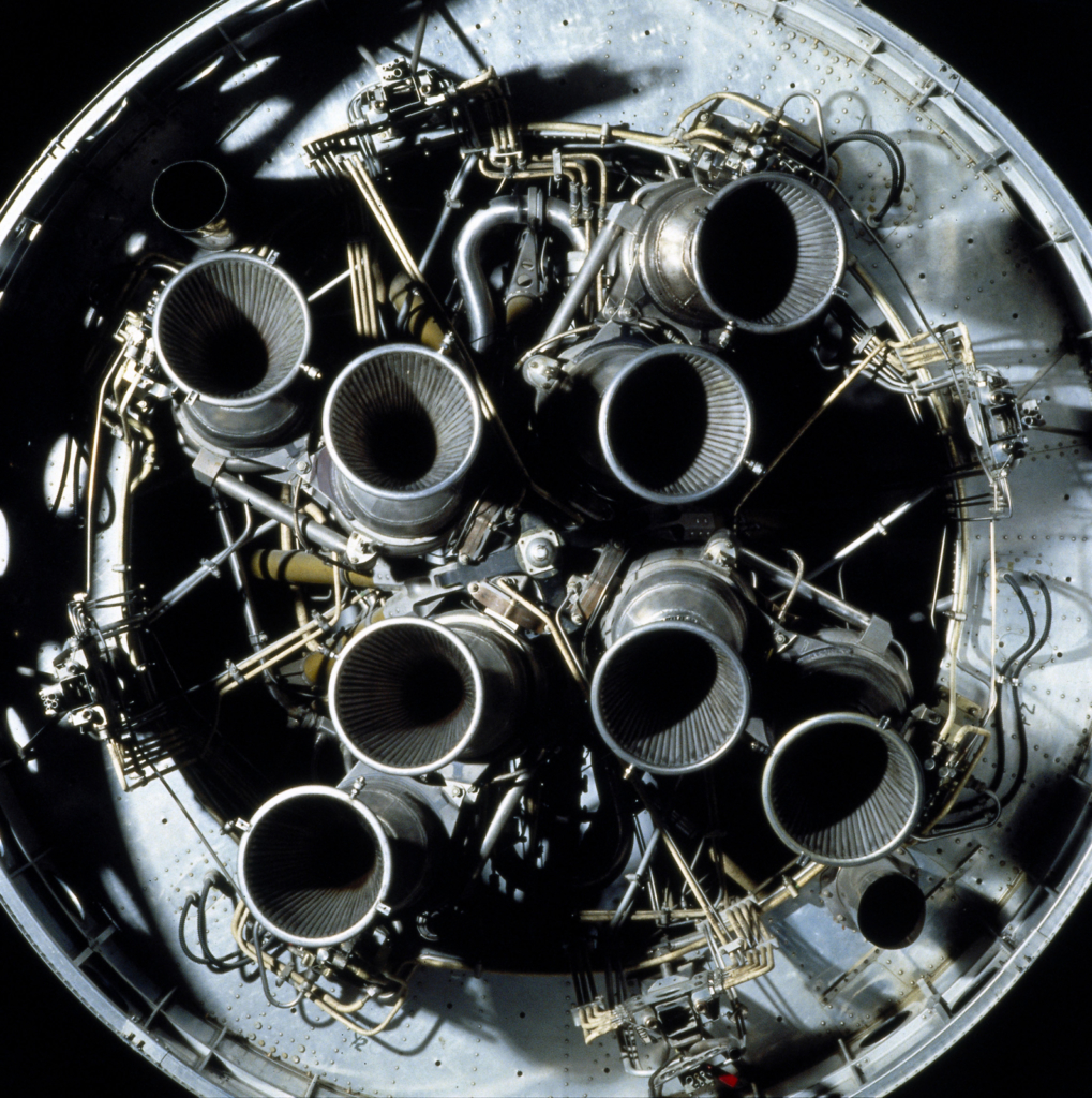 Colour photograph of the Black Arrow R4 Gamma 8 first stage engine
