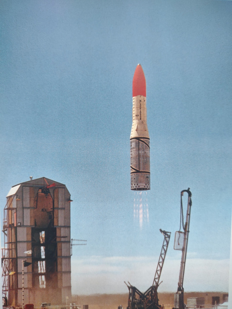 Colour photograph of the Black Arrow R3 rocket being launched