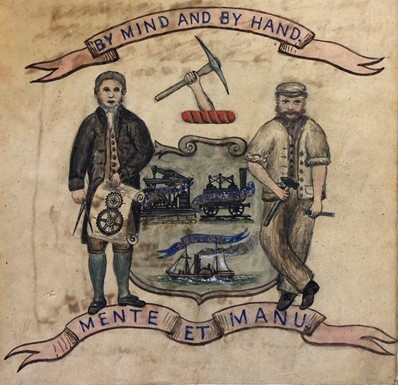 Banner illustrating an engineer and a miner that says By Mind And By Hand