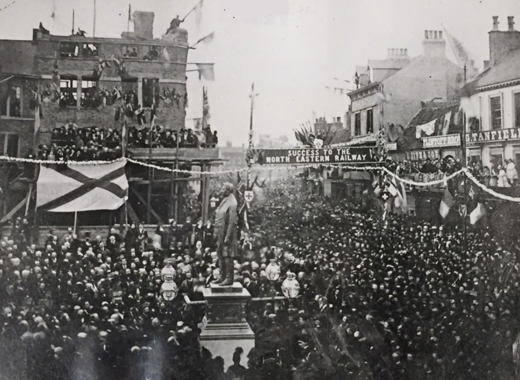 Black and white photograph of the unveiling of the Joseph Pease Statue in Darlington in 1825