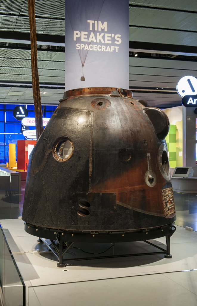 Colour photograph of the Soyuz landing capsule on display in the Science Museum