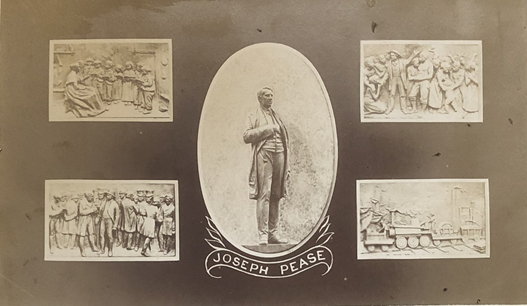 Postcard showing the Joseph Pease statue and engravings on the four sides of the plinth