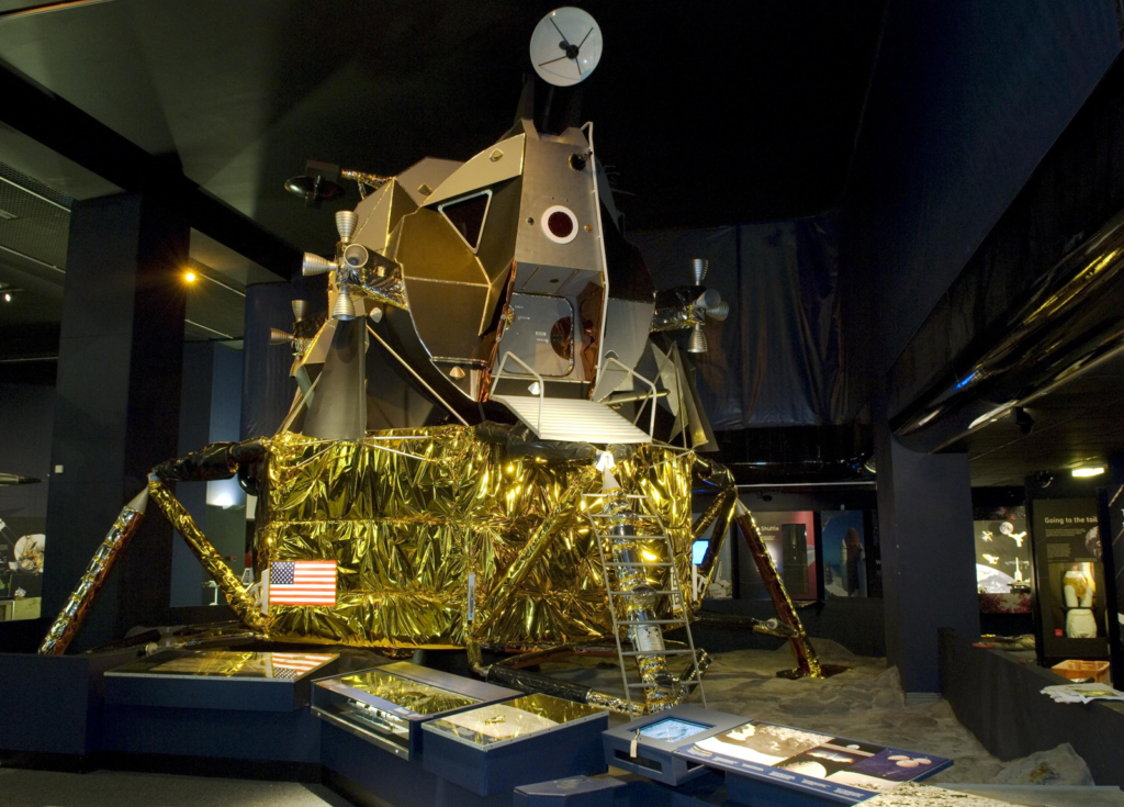 Colour photograph of the Apollo Eleven Lunar Module on display in the Science Museum