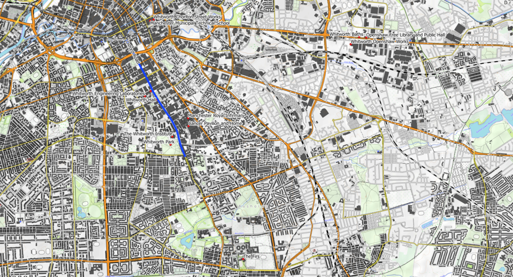Modern map of Manchester City showing structures funded by Whitworth