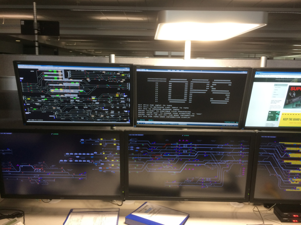 Colour photograph of Total Operations Processing System running in a Network Rail Operations Centre in 2019