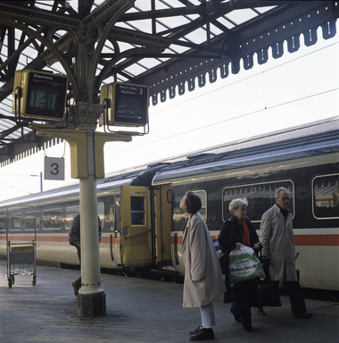 Colour photograph of computer driven information screens at York Station in 1988