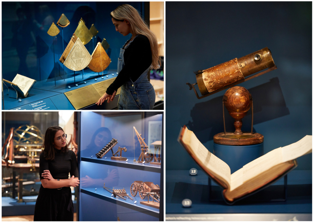 Three colour photographs of historical objects on display in the Science City exhibition