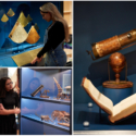 Three colour photographs of historical objects on display in the Science City exhibition