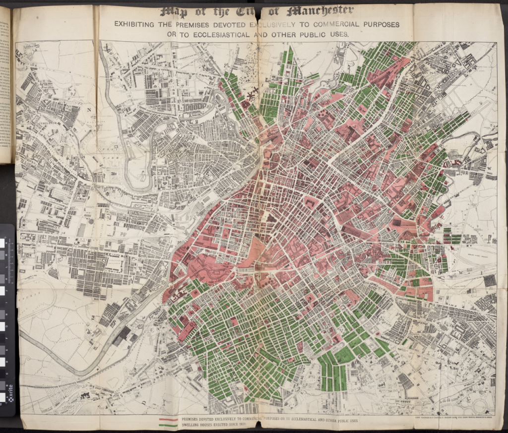 Map of the City of Manchester from 1876 showing commercial ecclesiastical or other public buildings in red and houses built since 1831 in green