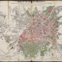 Map of the City of Manchester from 1876 showing commercial ecclesiastical or other public buildings in red and houses built since 1831 in green