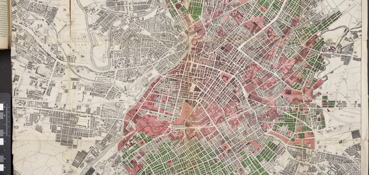 Map of the City of Manchester from 1876 showing commercial ecclesiastical or other public buildings in red and houses built since 1831 in green