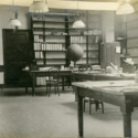 Black and white photograph from 1910 showing the office and library of Eskdalemuir Observatory