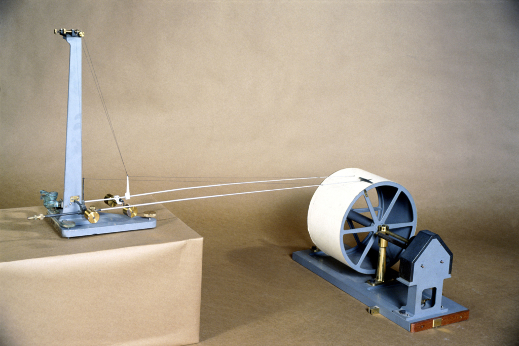 Colour photograph of the Milne twin boom horizontal pendulum seismogram