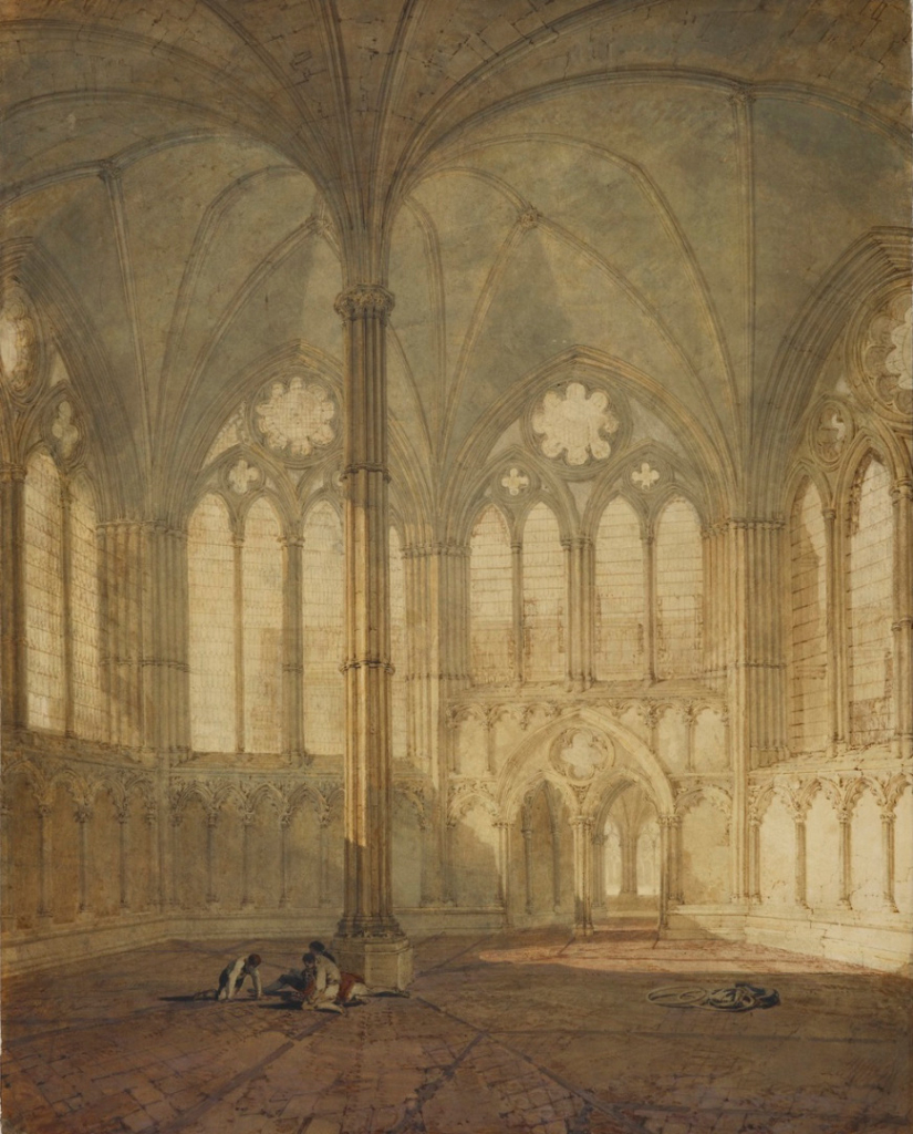 Watercolour painting of the Chapter House in Salisbury Cathedral from 1799