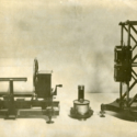 Black and white photograph from 1910 showing the recording drum and components of a single Golitsyn horizontal seismograph