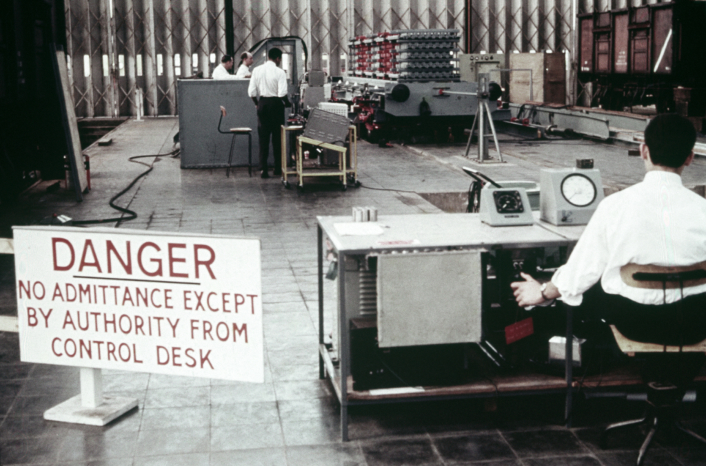 Colour photograph of the High Speed Freight Vehicle One on the rolling road test bed