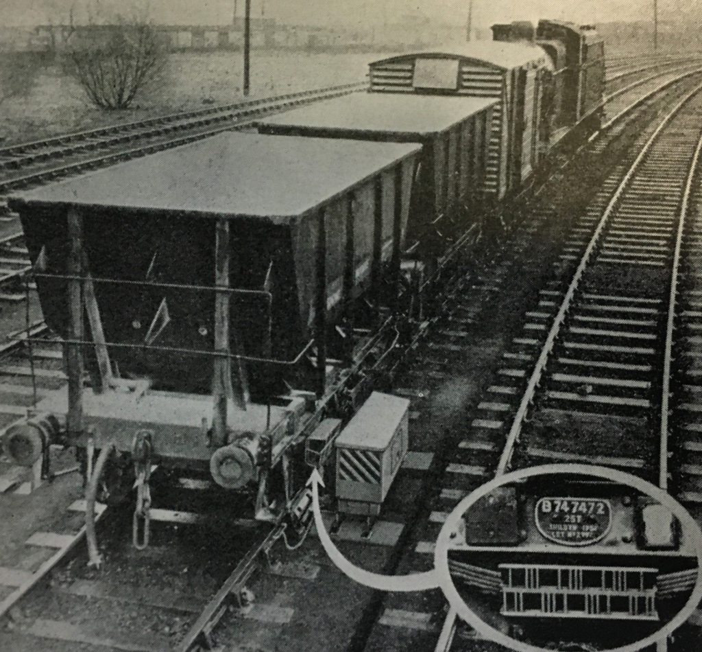 Black and white photograph of British Railways wagon recognition experiment in 1962 using barcodes