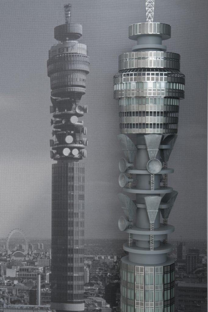 Photograph of a scale model of the BT Tower in London