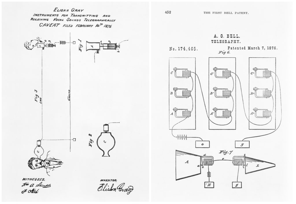Two pen and ink illustrations of the first telegraphy patents