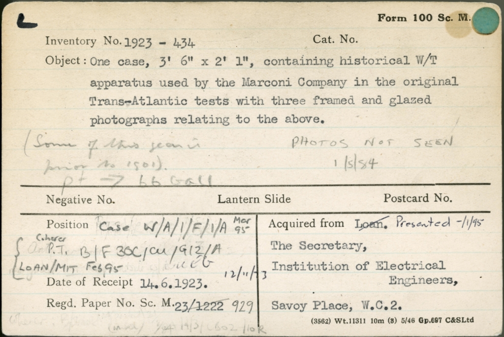 A museum acquisition form for Marconi company apparatus