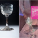 Two colour photographs of the commemorative wine glass for the Hartley Colliery Disaster