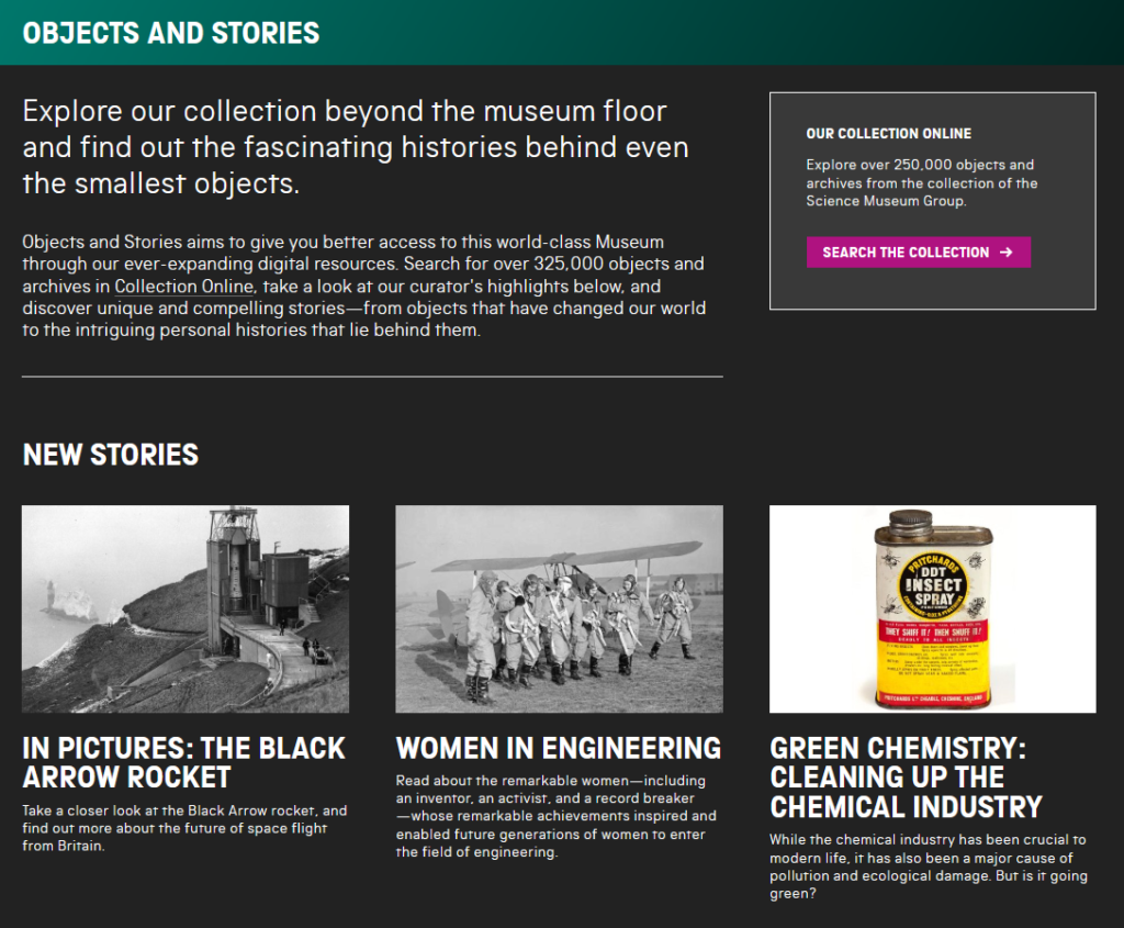 Screen shot of the Science Museum Group’s current Objects and Stories narrative web pages