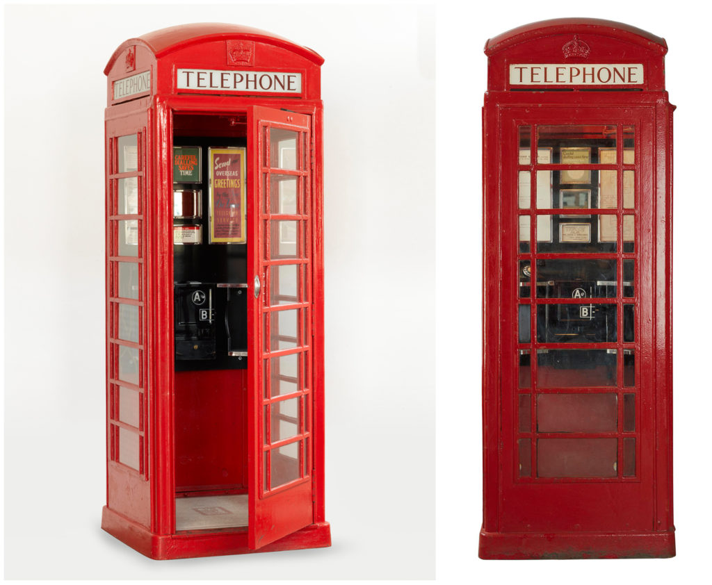 Two colour photographs of traditional red telephone kiosks